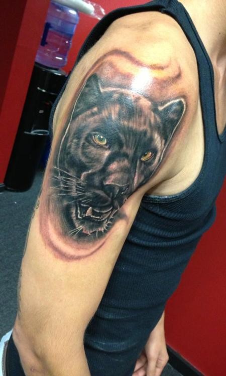 Realistic Panther Tattoo On Man Right Half Sleeve