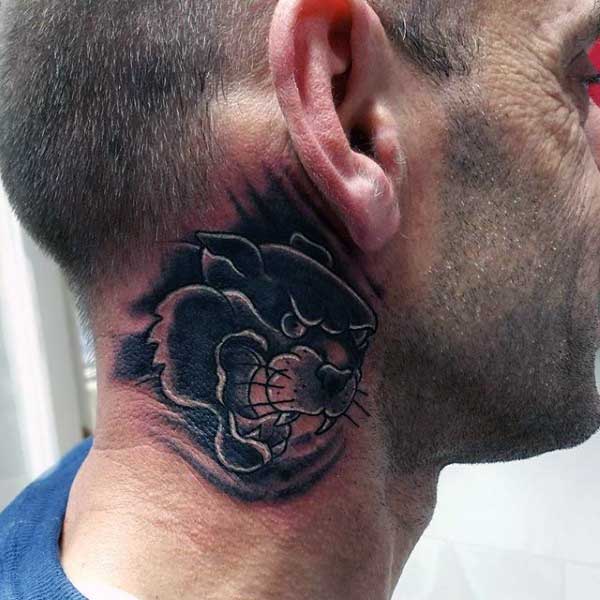 Realistic Panther Tattoo On Man Side Neck