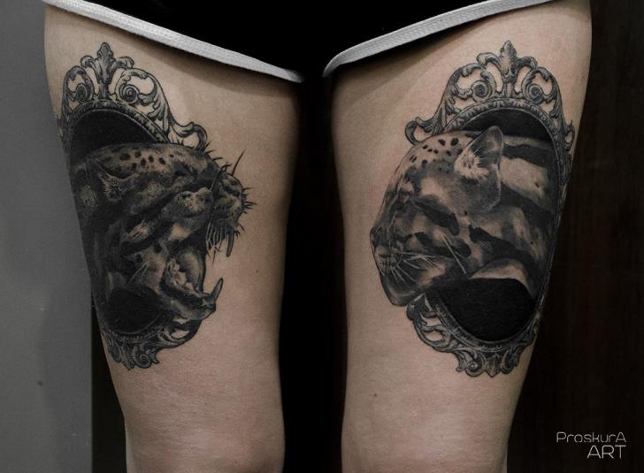Realistic Panther Tattoos On Girl Both Thigh
