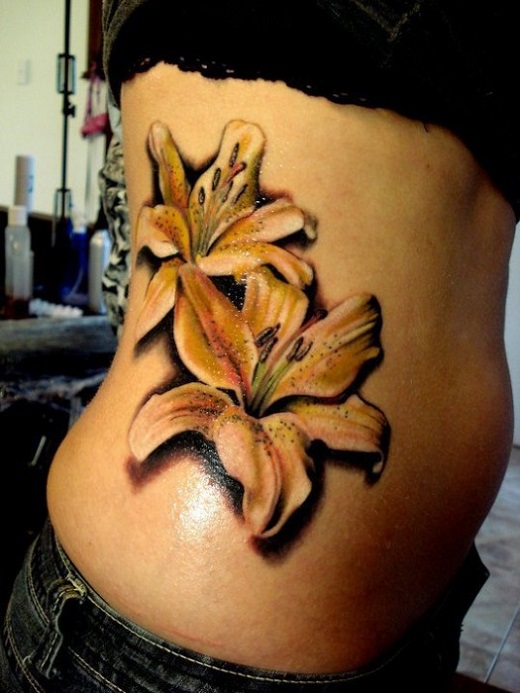 Realistic Yellow Lily Flower Tattoo On Girl Side Rib