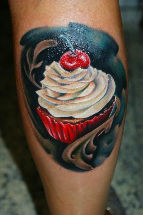 Realistic cupcake Tattoo On Leg Calf