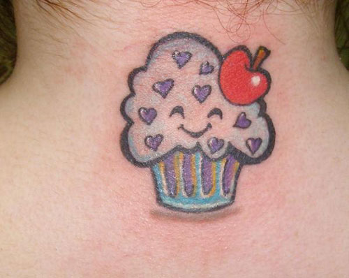 Red Cherry And Cupcake Tattoo On Nape