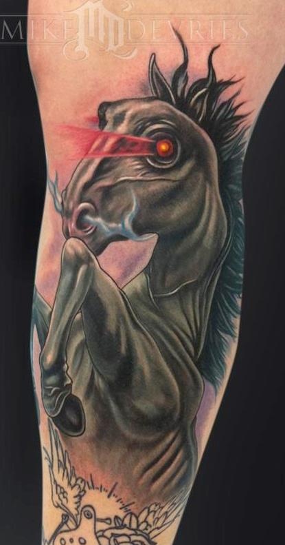 Red Flames From Eye Tattoo On Arm Sleeve by Mike Devries