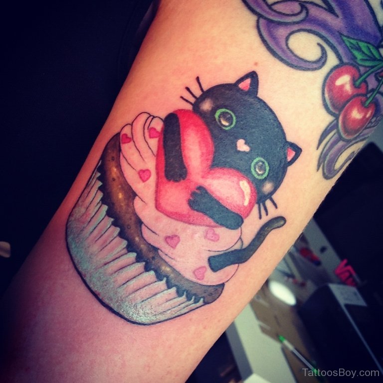 Red Heart With Black Cat Tattoo On Arm Sleeve
