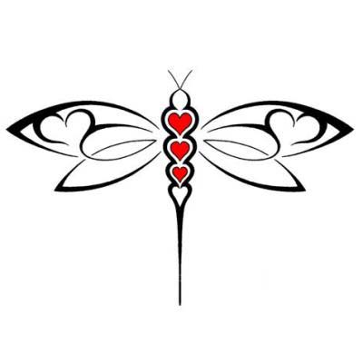Red Hearts And Tribal Dragonfly Tattoo Design