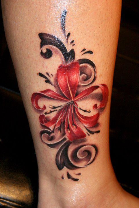 Red Lily Flower Tattoo On Side Leg