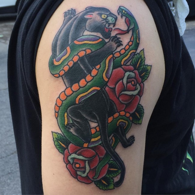 Red Roses And Black Panther With Snake Tattoo On Shoulder