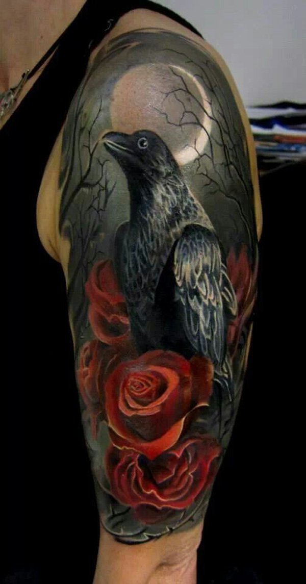 Red Roses And Realistic Raven Tattoo On Left Half Sleeve