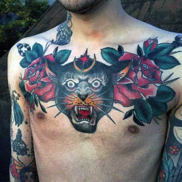Red Roses And Traditional Panther Head Tattoo On Chest
