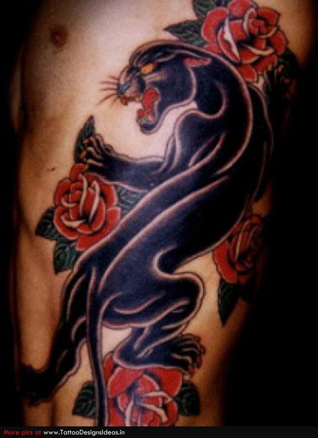 Red Roses And Traditional Panther Tattoo On Side Rib