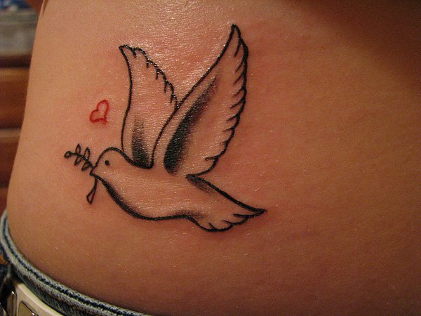 Red Tiny Heart And Flying Dove Tattoo On Lower Back