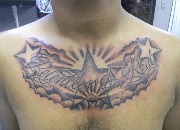 Rentless And Real Clouds With Stars Tattoo On Man Chest