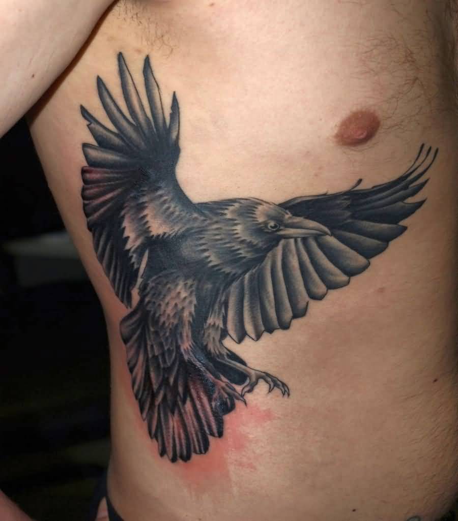 Rib Side Flying Raven Tattoo For Men