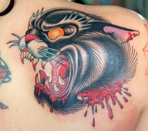Right Back Shoulder Angry Panther Head Tattoo
