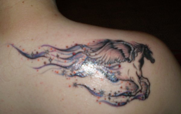 Right Back Shoulder Running Winged Horse Tattoo