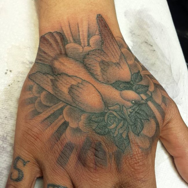 Right Hand Grey Ink Dove Tattoo