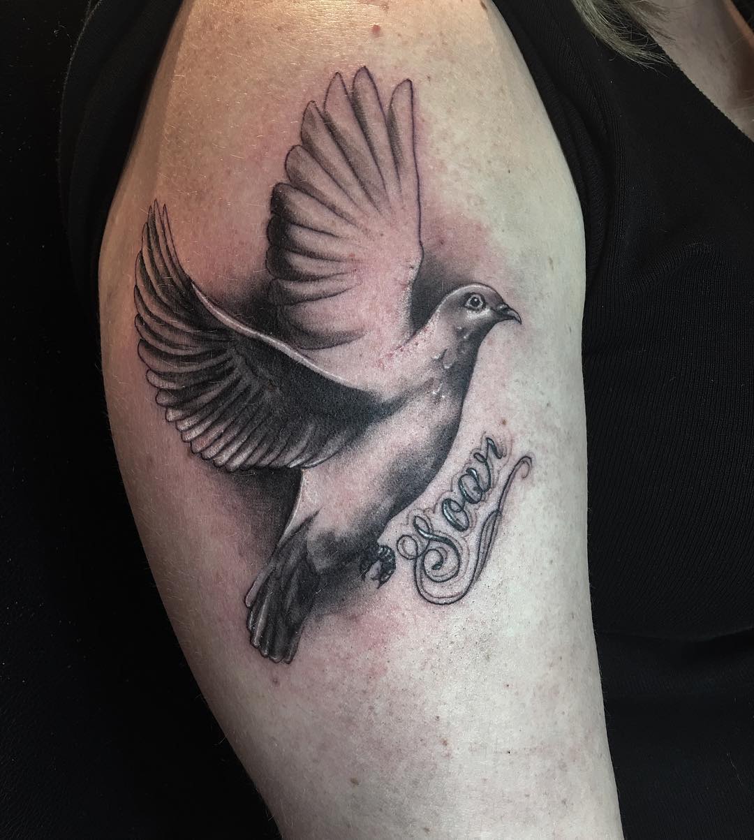 Right Shoulder Grey Ink Dove Tattoo
