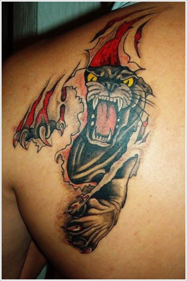 Ripped Skin Angry Black Panther Tattoo On Left Back Shoulder