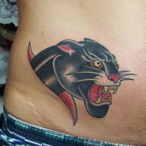 Ripped Skin Panther Head Tattoo On Waist
