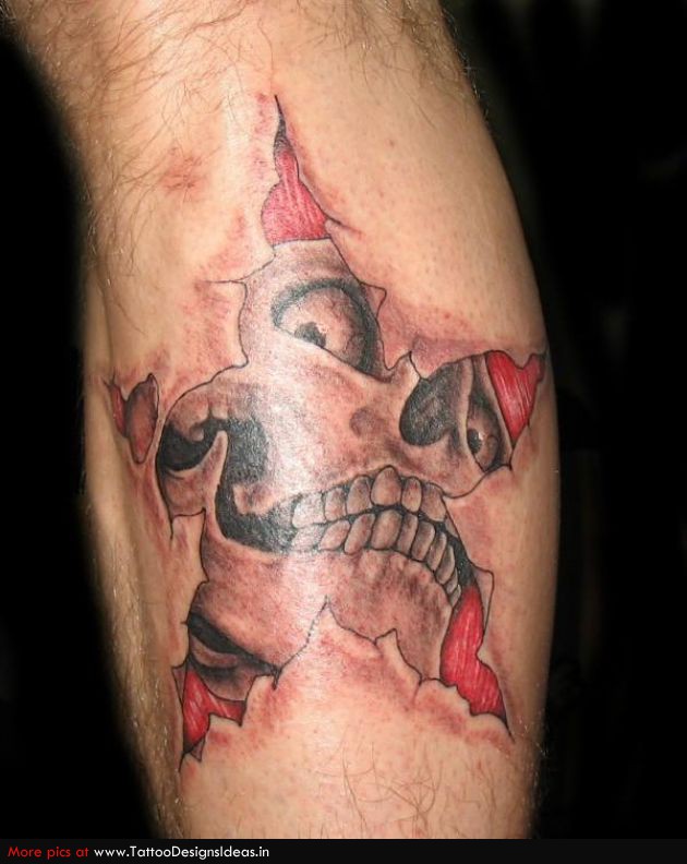 Ripped Skin Skull Face In Star Tattoo On Leg