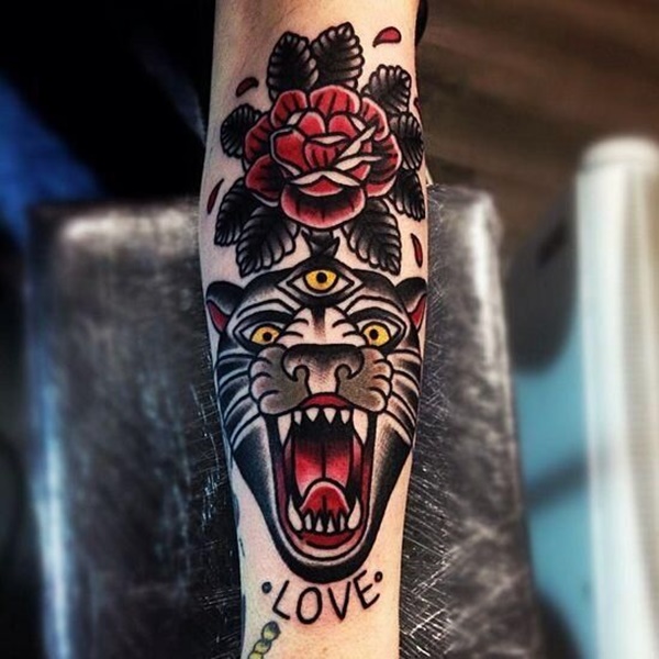 Rose Flower And Angry Panther Tattoo On Arm Sleeve