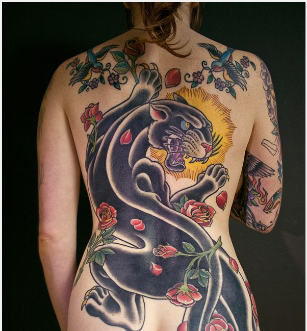 Rose Flower And Angry Realistic Grey Panther Tattoo Girl Back