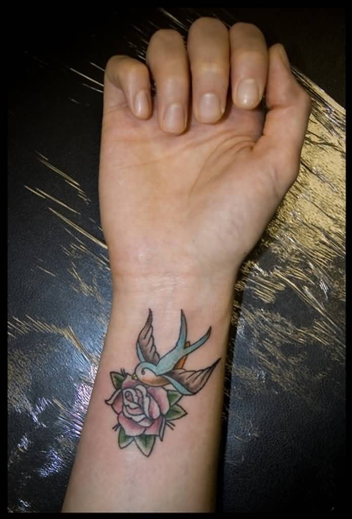 Rose Flower And Dove Tattoo On Right Wrist