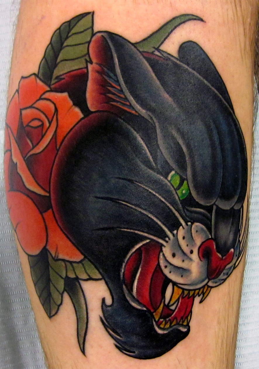 Rose Flower And Green Eye Black Panther Head Tattoo