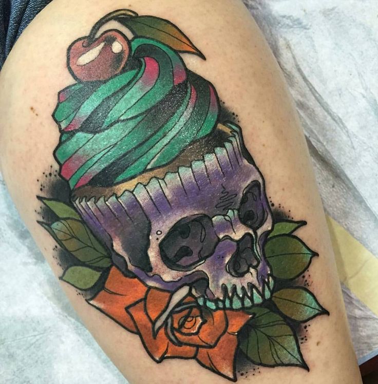 Rose Flower And Skull Cupcake Tattoo