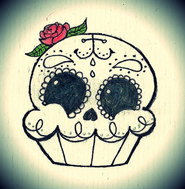 Rose Flower And Sugar Skull Cupcake Tattoo Design