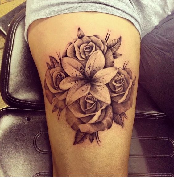 Rose Flowersd And Realistic Lily Tattoo On Thigh