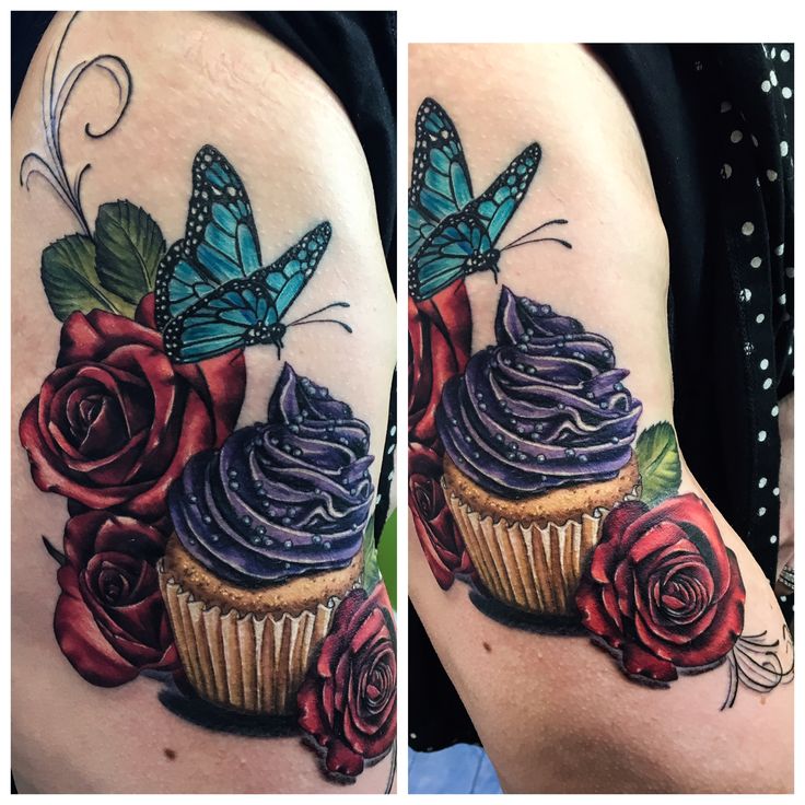 Roses And Cupcake Tattoo On Left Bicep