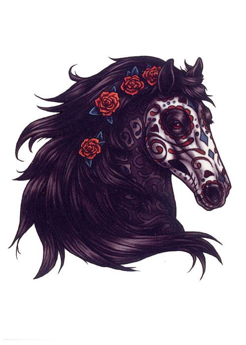 Roses And Horse Head Tattoo Design