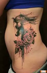Roses And Horse Head Tattoo On Rib Side
