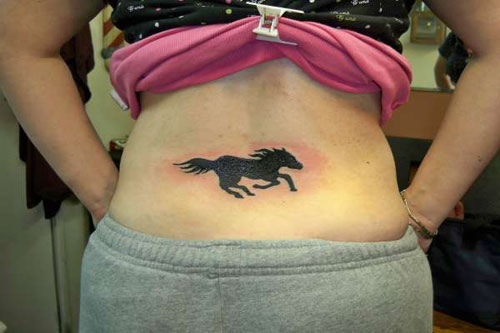 Running Black 3D Horse Tattoo On Lower Back