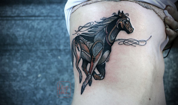 Running Horse Tattoo On Man Side Rib