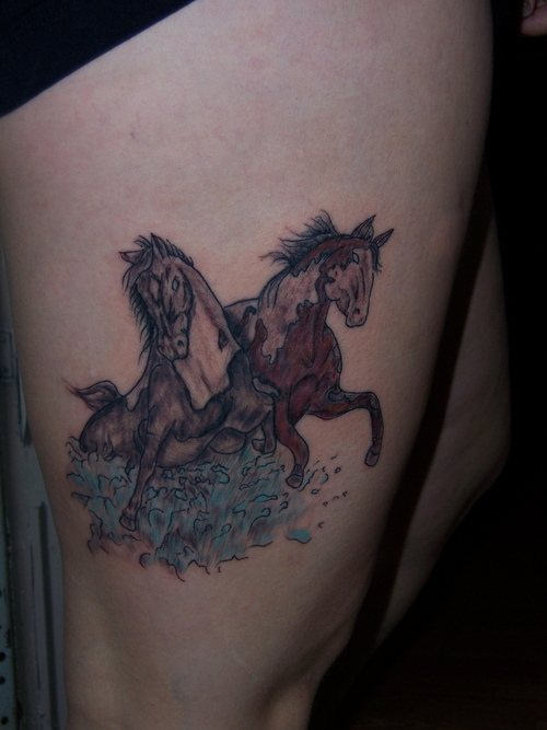 Running Horse Tattoos On Right Thigh