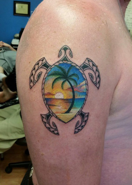 Sea Turtle Beach view Tattoo On Right Shoulder