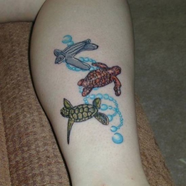 Sea Turtle Tattoo On Girl Side Leg