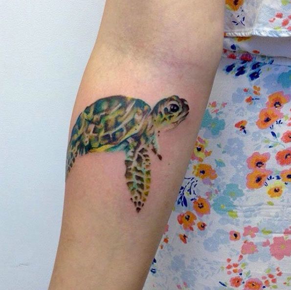 Sea Turtle Tattoo On Right Forearm