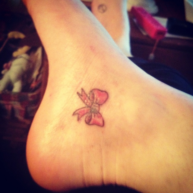 Side Ankle Pink Bow Tattoo