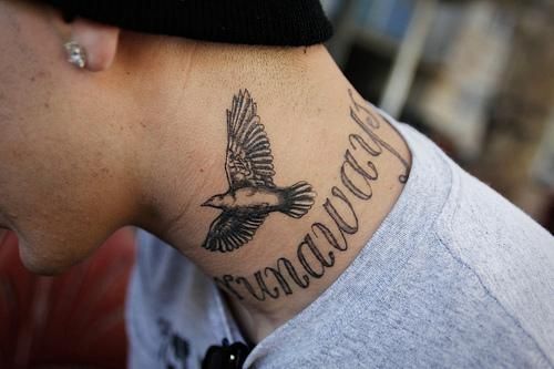 Side Neck Flying Dove Tattoo