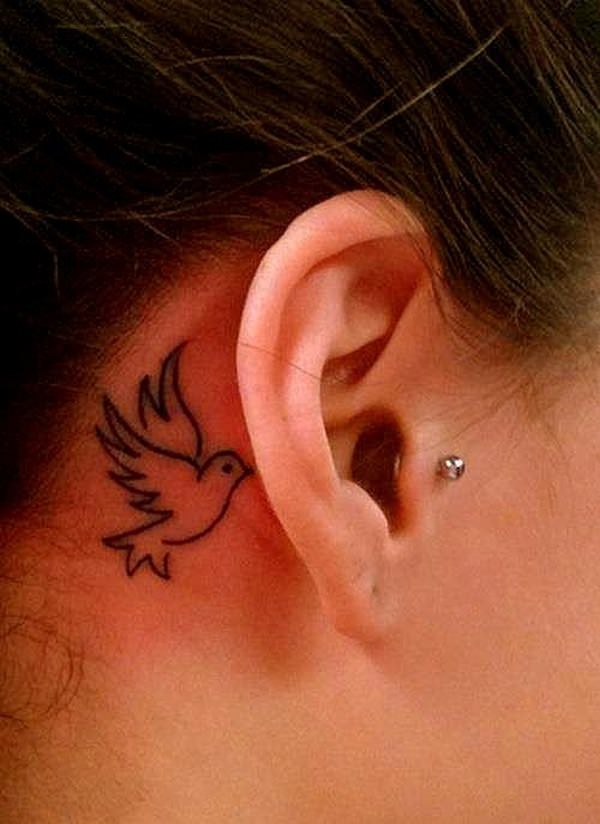 Simple Black Outline Dove Tattoo Behind The Ear