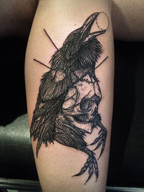 Skull And Abstract Raven Tattoo On Leg