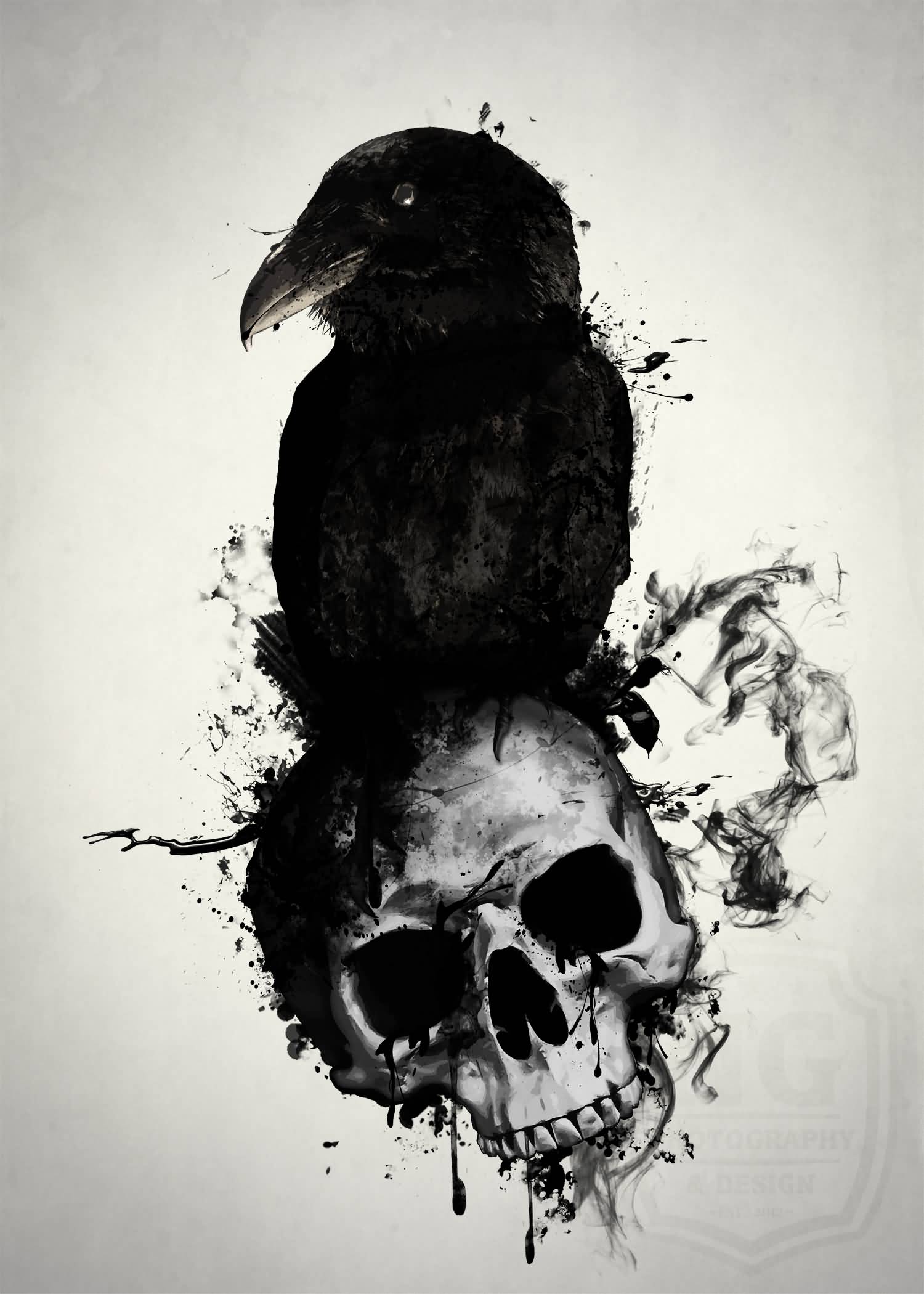 Skull And Black Raven Tattoo Design