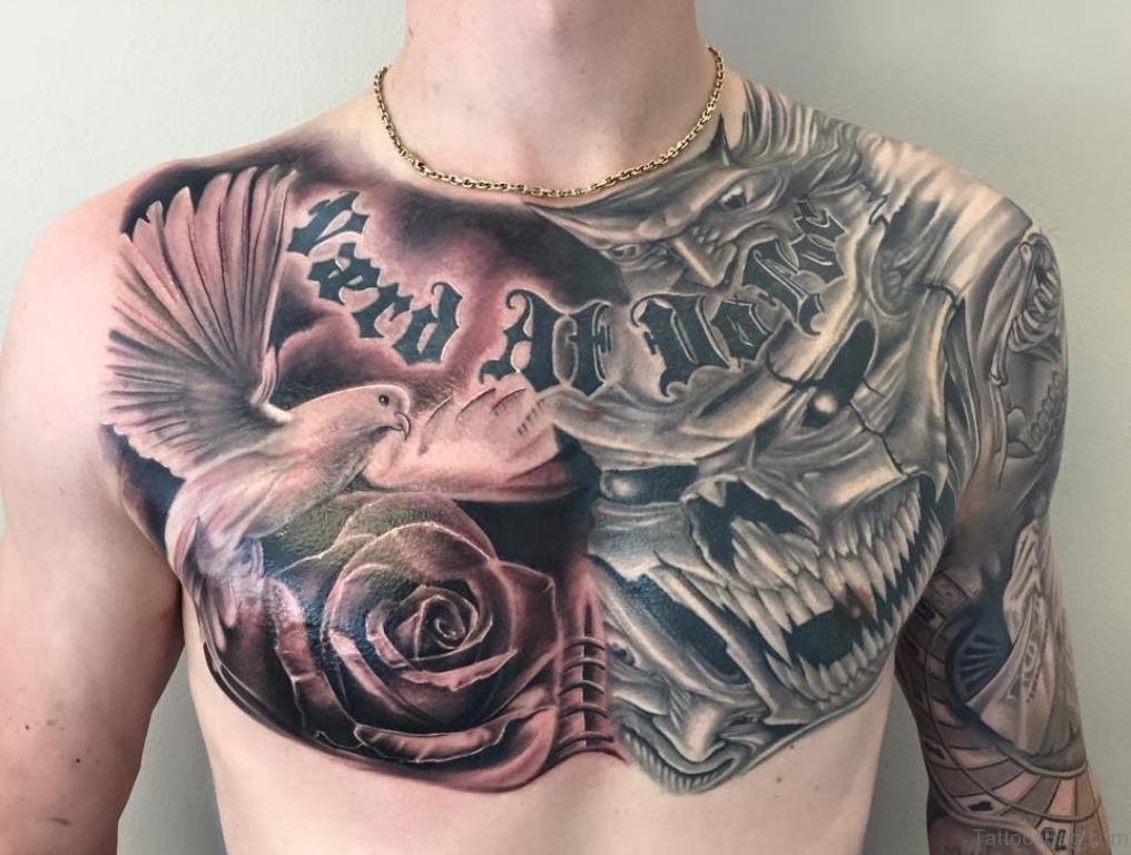 Skull And Rose With Flying Dove Tattoo On Chest