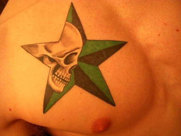 Skull In Green Nautical Star Tattoo On Man Chest