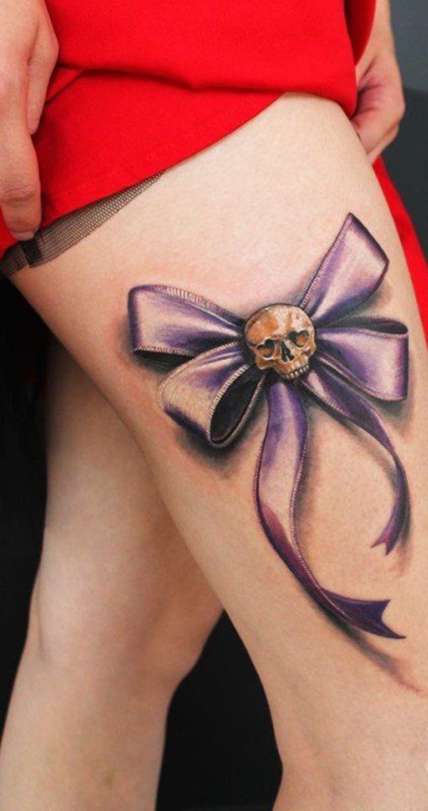 Skull In Purple Bow Tattoo On Side Leg