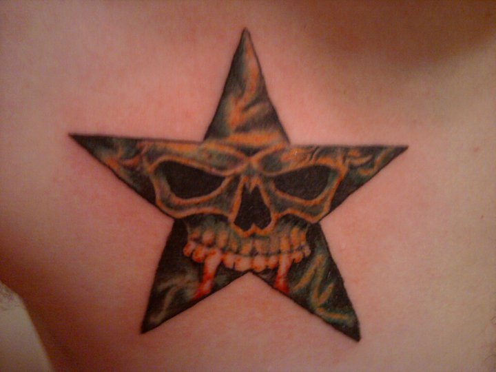 Skull In Star Tattoo On Back Shoulder