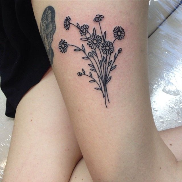 Small Daisy Flowers Tattoos On Girl Thigh